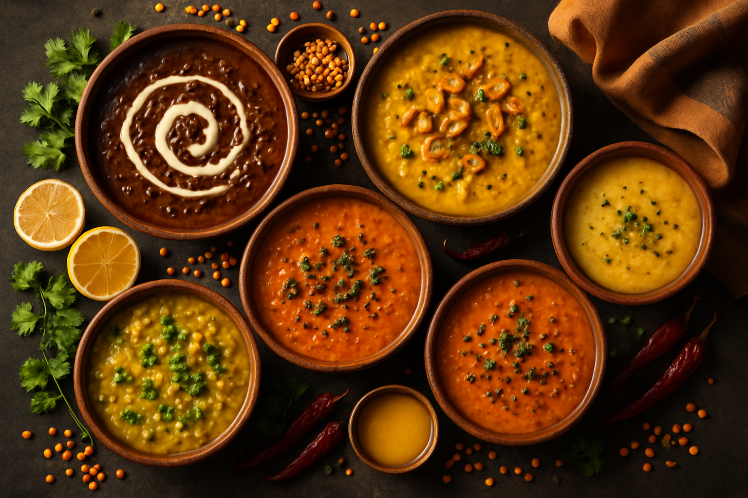 A spread of five different Indian dal recipes in clay bowls with fresh coriander, sliced lemon and a stack of roti on a wooden table