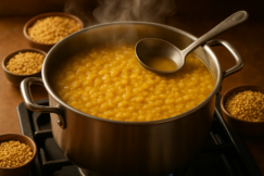 Large pot of cooked toor dal with steam rising, dry lentils in small bowls alongside