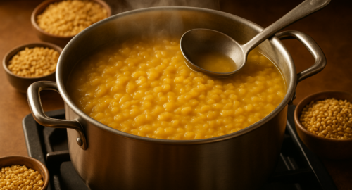 Large pot of cooked toor dal with steam rising, dry lentils in small bowls alongside