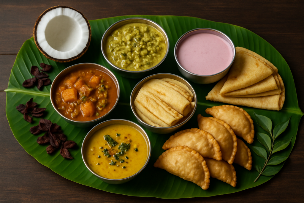 Goan vegetarian dishes arranged on a banana leaf platter including khatkhate, dalitoy, solkadhi, mooga gathi, alle belle crepes, and nevri pastries with fresh coconut and kokum