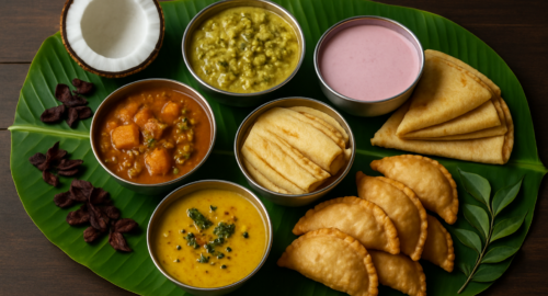 Goan vegetarian dishes arranged on a banana leaf platter including khatkhate, dalitoy, solkadhi, mooga gathi, alle belle crepes, and nevri pastries with fresh coconut and kokum