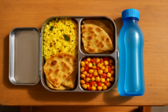 Open three-compartment stainless steel tiffin box with lemon rice, aloo paratha, and masala corn on a wooden desk